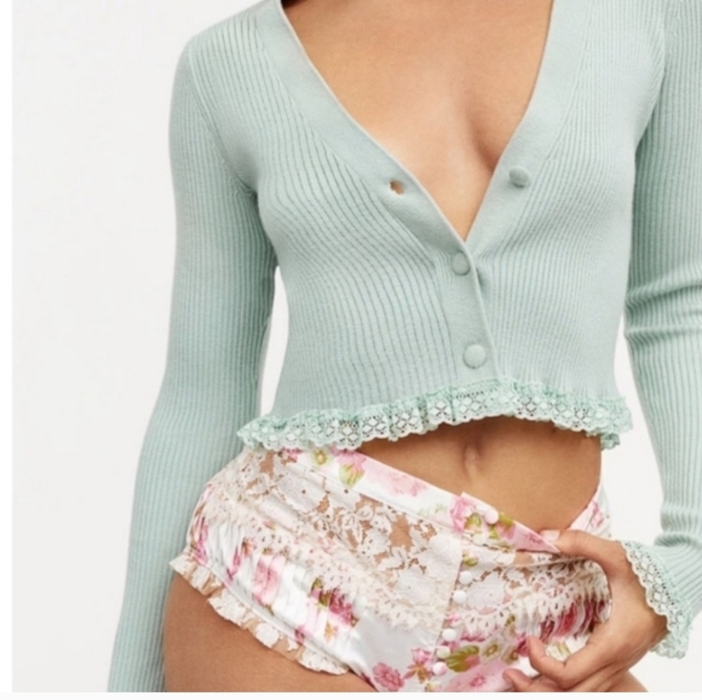 FOR LOVE & LEMONS NINA SAGE GREEN RIBBED KNIT BUTTON FRONT CARDIGAN, M